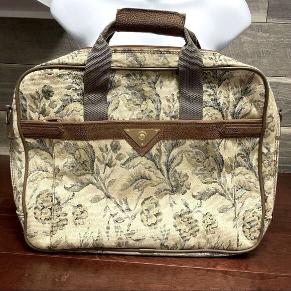 Vintage Verdi Tapestry Carryon Messenger Laptop Bag Cream Brown and Green Floral - Picture 1 of 16